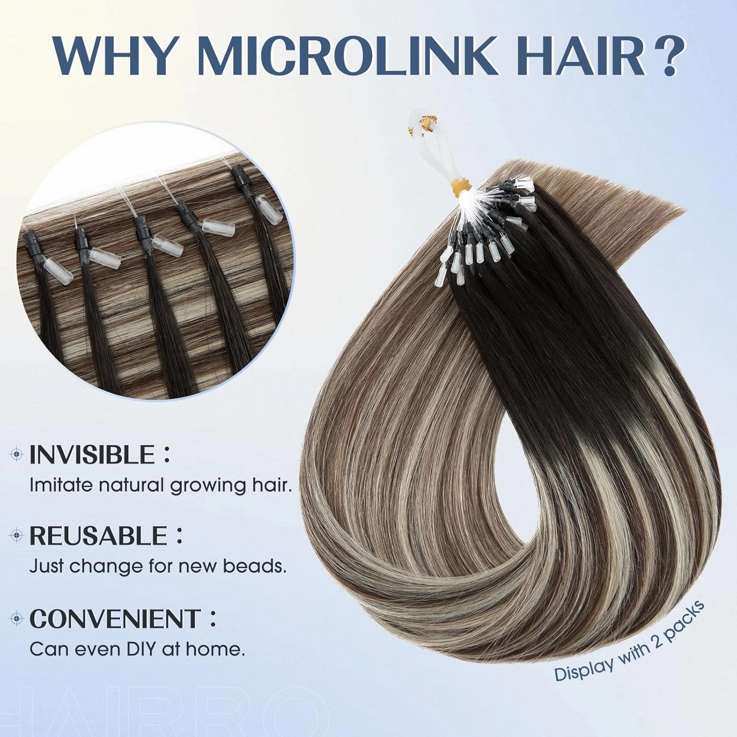 Hairro Micro Loop Hair Extensions Human Hair Microlinks Microbeads Remy Hair For Women Ombre Highlights Pre Bonded Cold Fusion Micro Bead In Hair 16 Inch 50g 50 Strands #1BT4P60