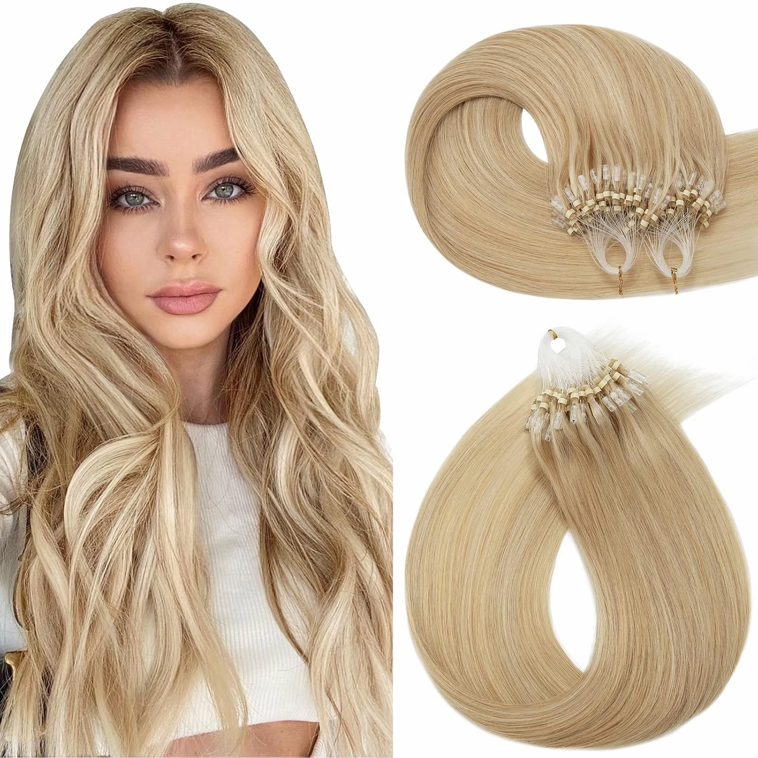 Hairro Microlinks Hair Extensions Micro Bead Human Hair Micro Ring Remy Hairpieces Cold Fusion Pre Bonded Keratin Stick Loop Hair For Women 14 inch 50g 100 Strands #18P613 Ash Blonde Mix Bleach Blonde