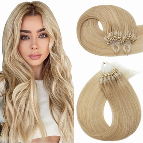 Hairro Microlinks Hair Extensions Micro Bead Human Hair Micro Ring Remy Hairpieces Cold Fusion Pre Bonded Keratin Stick Loop Hair For Women 14 inch 50g 100 Strands #18P613 Ash Blonde Mix Bleach Blonde