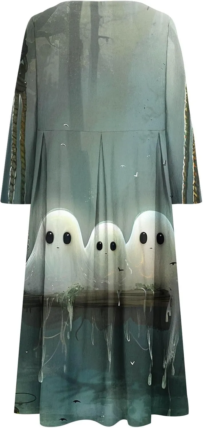 Halloween Shift Dress for Women All Over Print Plus Size Casual T Shirt Dresses Flowy Swing Tunic Dress with Pockets