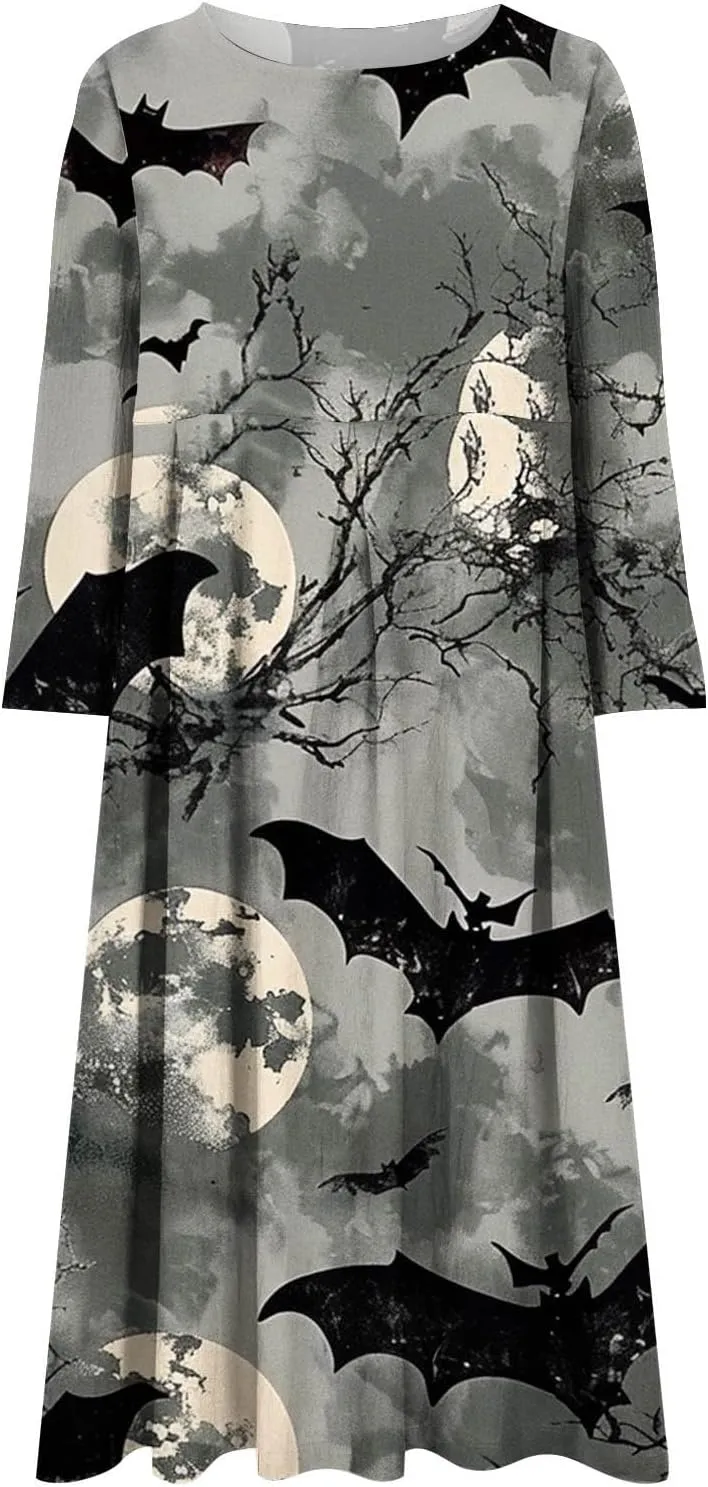 Halloween Shift Dress for Women All Over Print Plus Size Casual T Shirt Dresses Flowy Swing Tunic Dress with Pockets