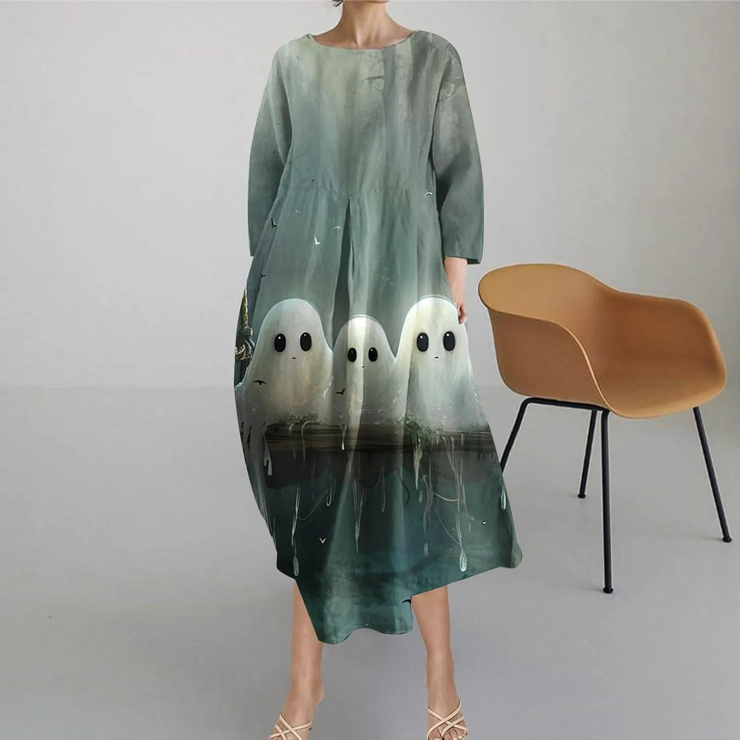 Halloween Shift Dress for Women All Over Print Plus Size Casual T Shirt Dresses Flowy Swing Tunic Dress with Pockets