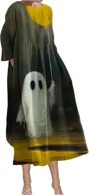 Halloween Shift Dress for Women All Over Print Plus Size Casual T Shirt Dresses Flowy Swing Tunic Dress with Pockets