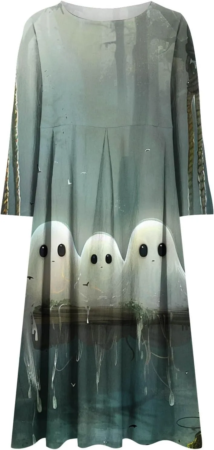 Halloween Shift Dress for Women All Over Print Plus Size Casual T Shirt Dresses Flowy Swing Tunic Dress with Pockets