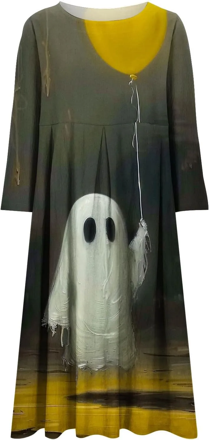 Halloween Shift Dress for Women All Over Print Plus Size Casual T Shirt Dresses Flowy Swing Tunic Dress with Pockets