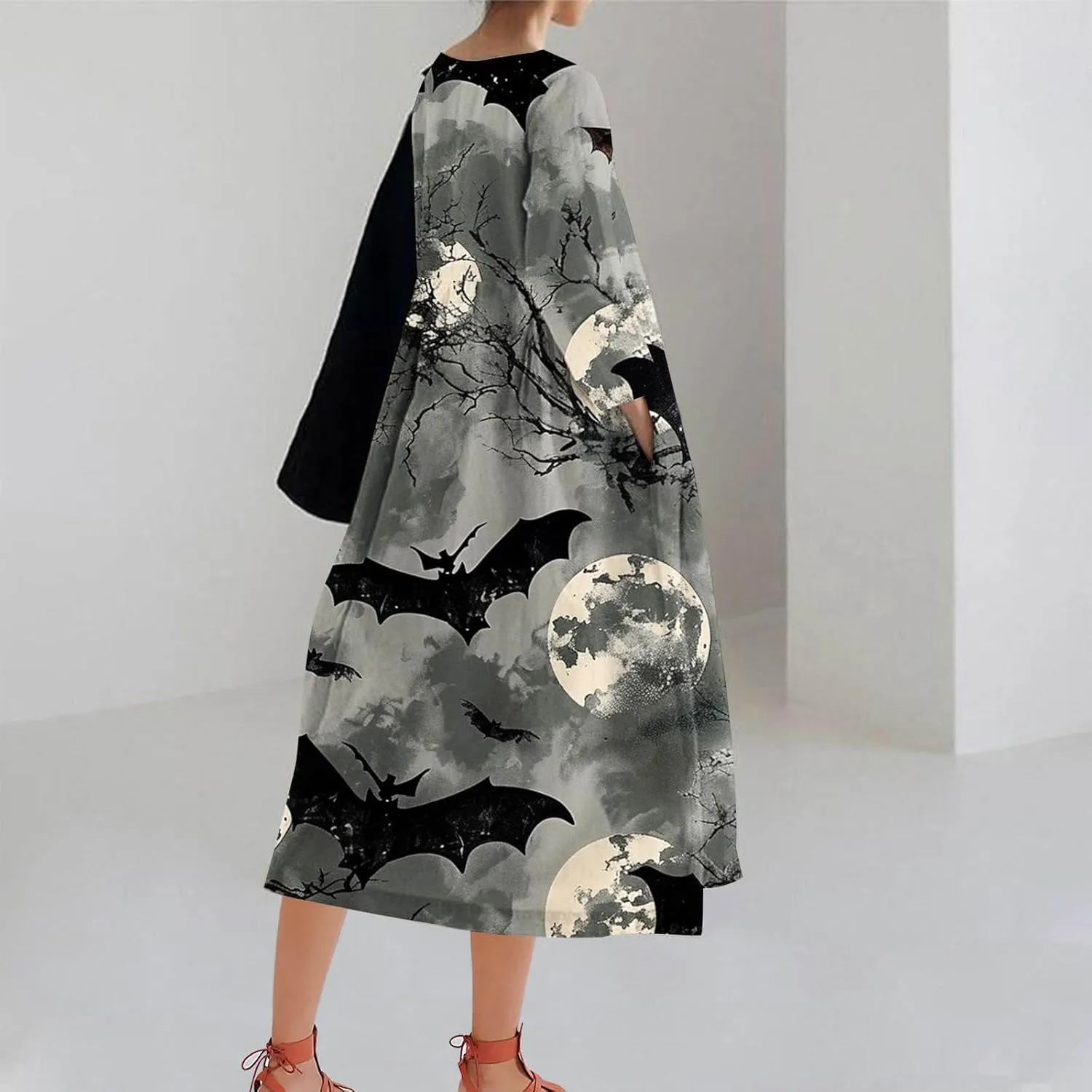 Halloween Shift Dress for Women All Over Print Plus Size Casual T Shirt Dresses Flowy Swing Tunic Dress with Pockets
