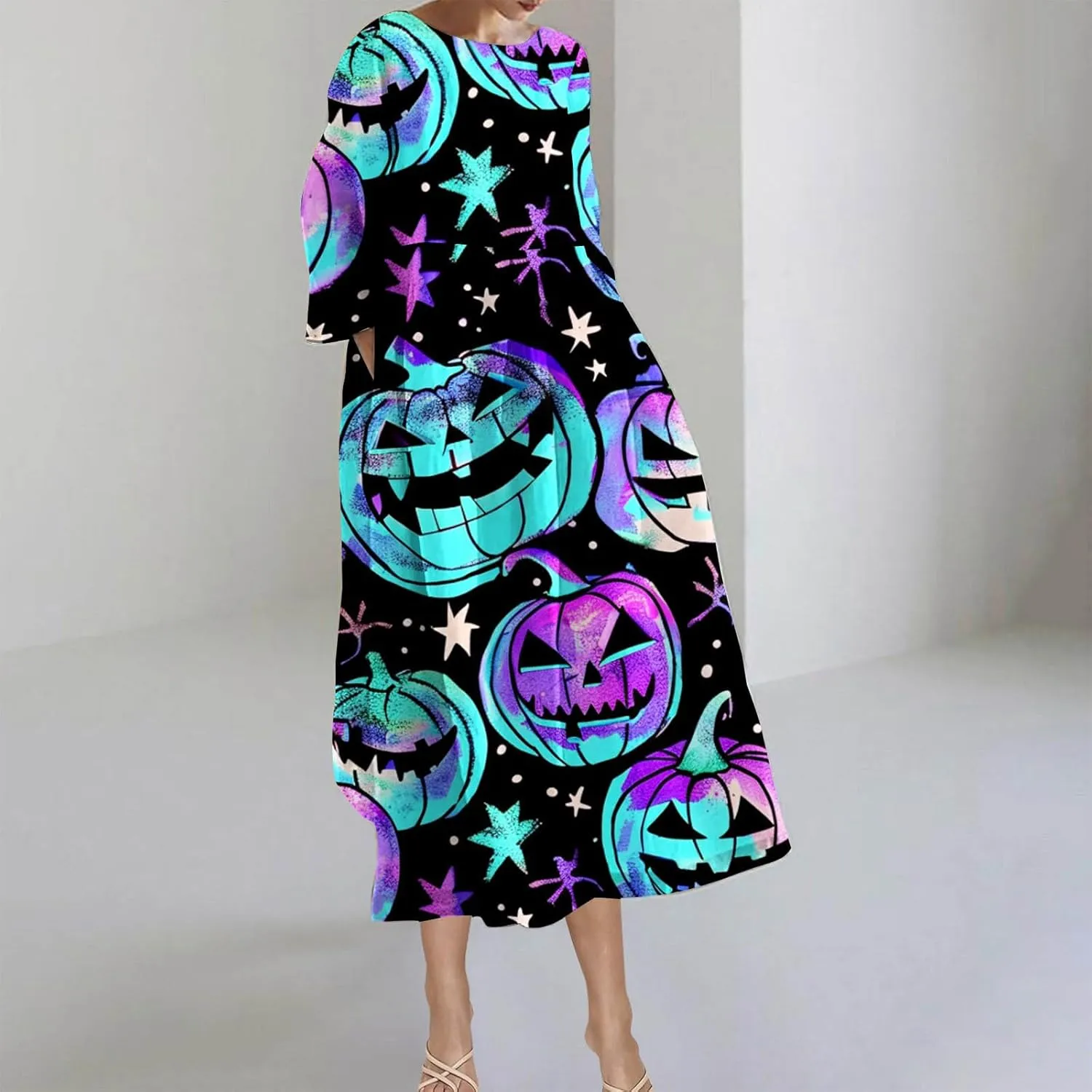 Halloween Shift Dress for Women All Over Print Plus Size Casual T Shirt Dresses Flowy Swing Tunic Dress with Pockets