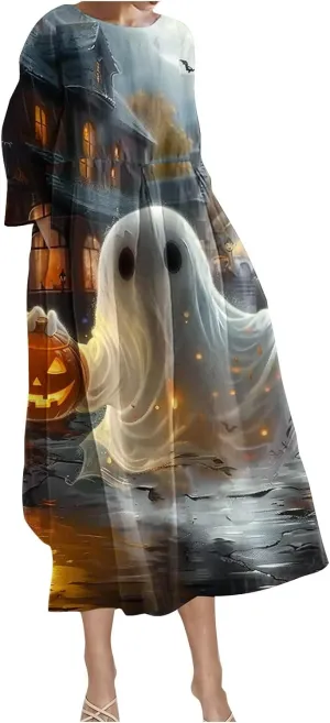 Halloween Shift Dress for Women All Over Print Plus Size Casual T Shirt Dresses Flowy Swing Tunic Dress with Pockets