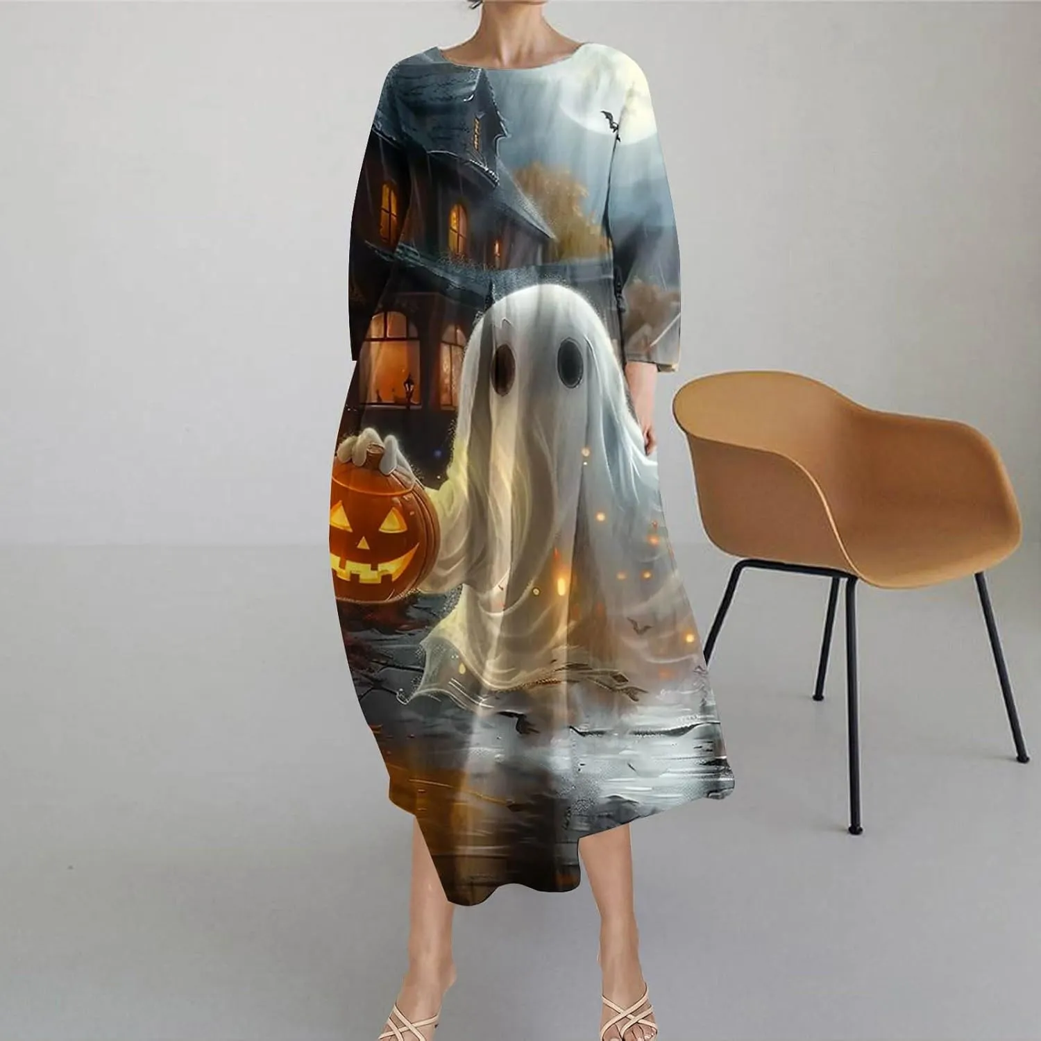 Halloween Shift Dress for Women All Over Print Plus Size Casual T Shirt Dresses Flowy Swing Tunic Dress with Pockets