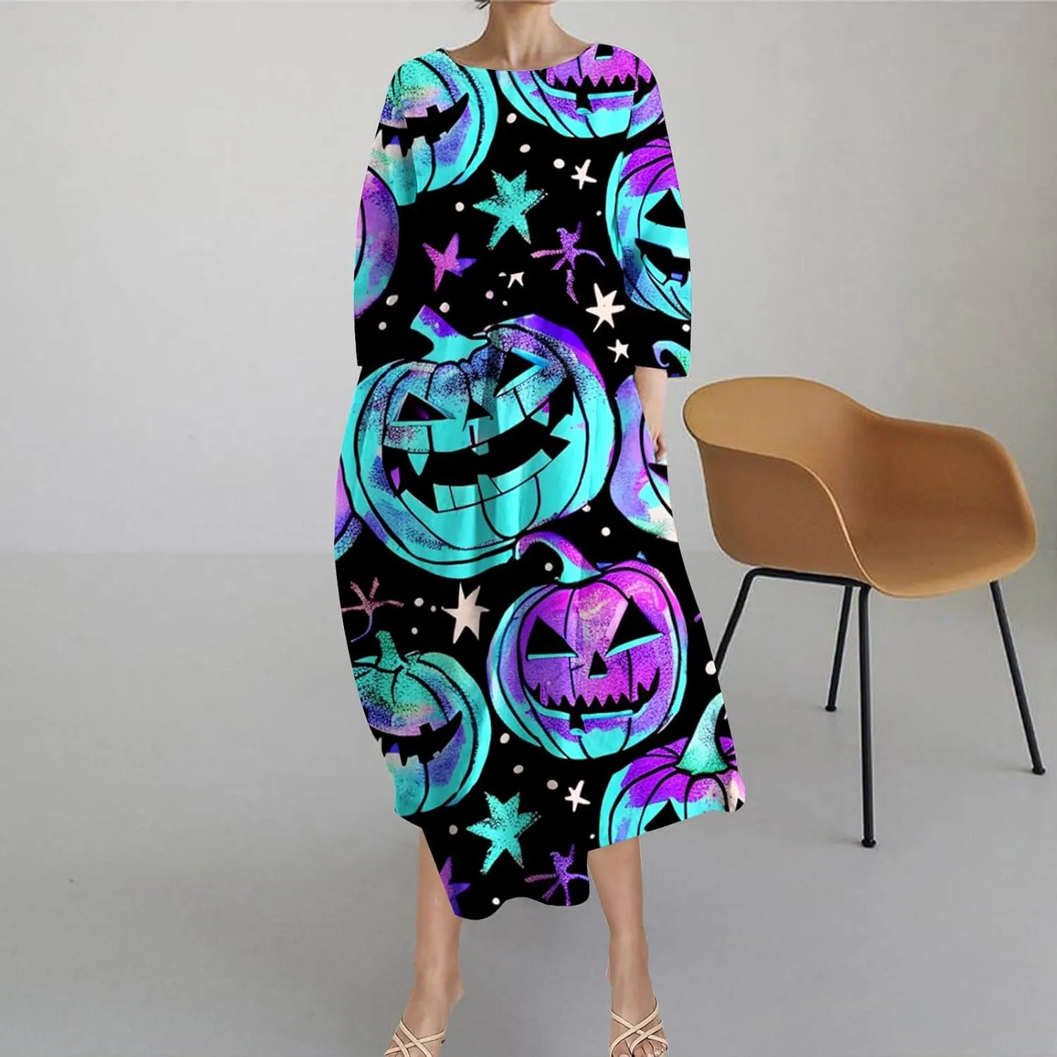 Halloween Shift Dress for Women All Over Print Plus Size Casual T Shirt Dresses Flowy Swing Tunic Dress with Pockets