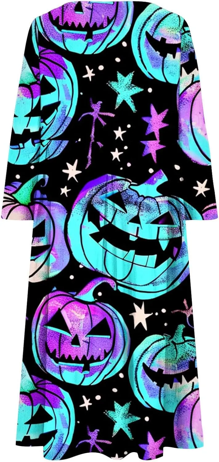 Halloween Shift Dress for Women All Over Print Plus Size Casual T Shirt Dresses Flowy Swing Tunic Dress with Pockets