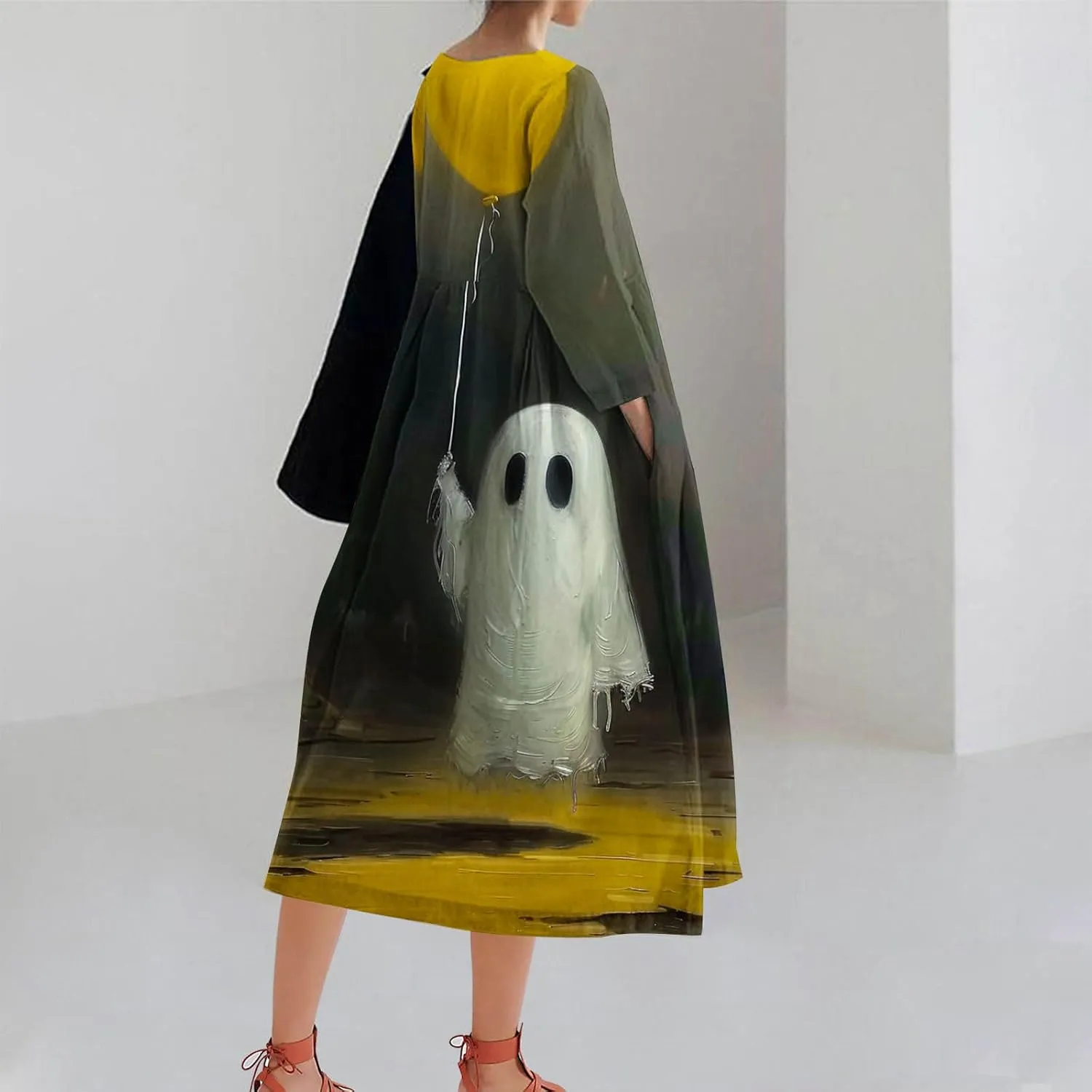 Halloween Shift Dress for Women All Over Print Plus Size Casual T Shirt Dresses Flowy Swing Tunic Dress with Pockets