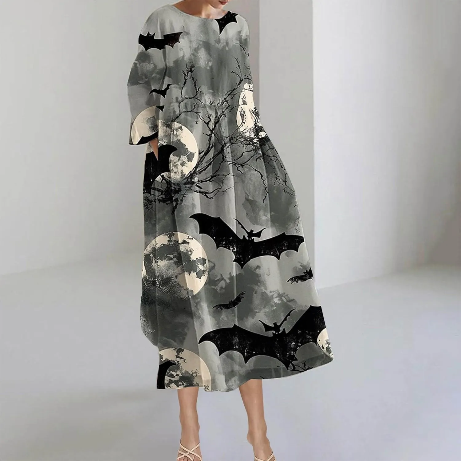 Halloween Shift Dress for Women All Over Print Plus Size Casual T Shirt Dresses Flowy Swing Tunic Dress with Pockets