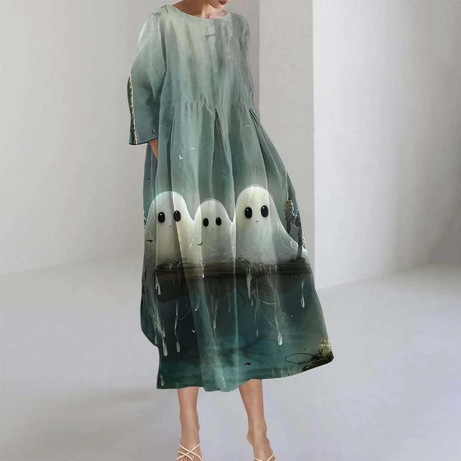 Halloween Shift Dress for Women All Over Print Plus Size Casual T Shirt Dresses Flowy Swing Tunic Dress with Pockets