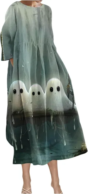 Halloween Shift Dress for Women All Over Print Plus Size Casual T Shirt Dresses Flowy Swing Tunic Dress with Pockets