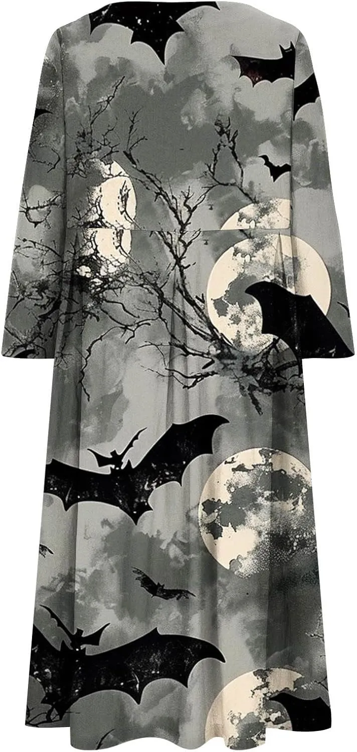 Halloween Shift Dress for Women All Over Print Plus Size Casual T Shirt Dresses Flowy Swing Tunic Dress with Pockets