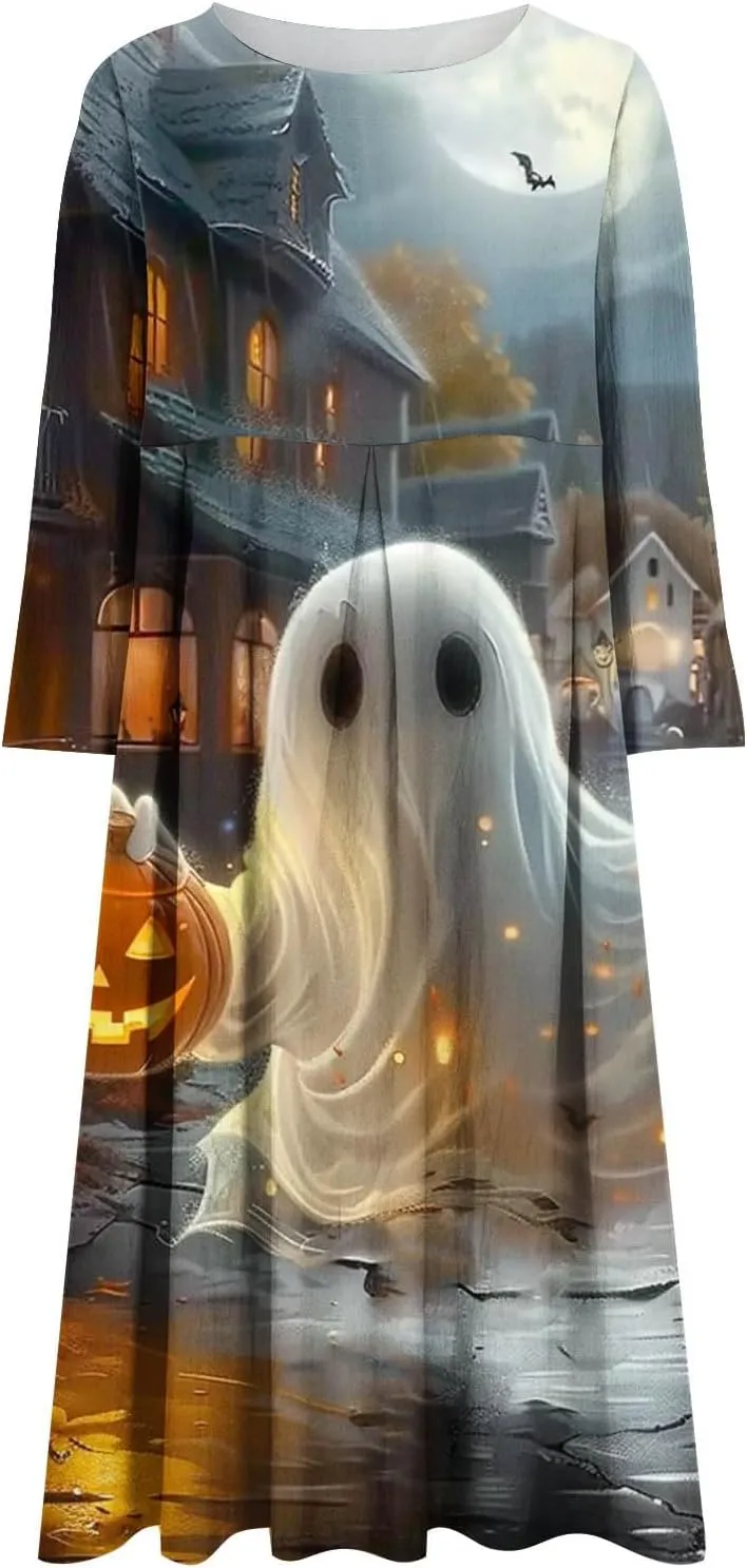 Halloween Shift Dress for Women All Over Print Plus Size Casual T Shirt Dresses Flowy Swing Tunic Dress with Pockets