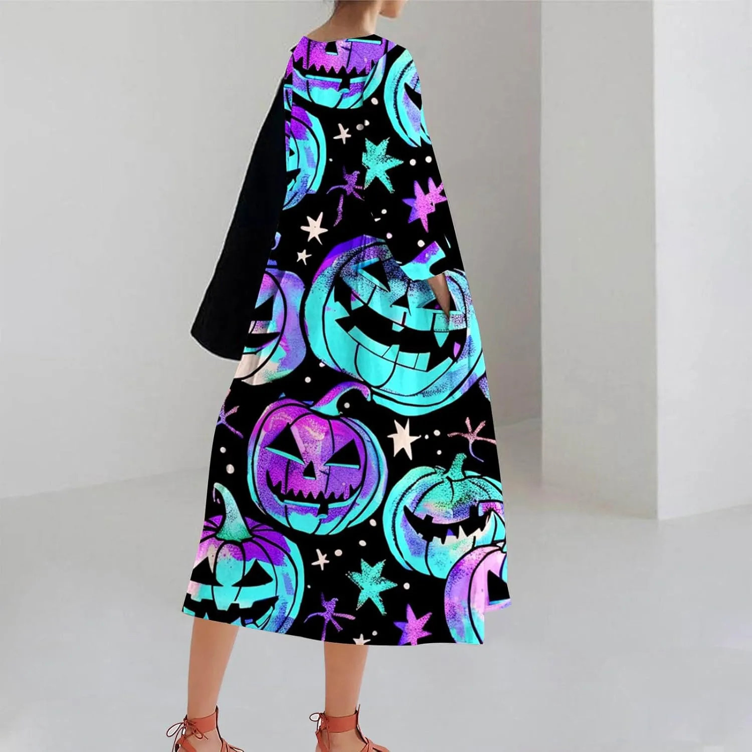 Halloween Shift Dress for Women All Over Print Plus Size Casual T Shirt Dresses Flowy Swing Tunic Dress with Pockets
