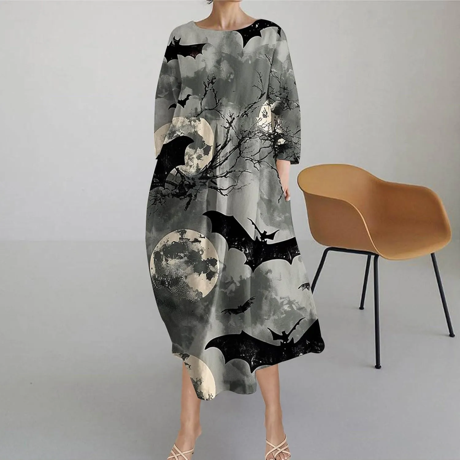 Halloween Shift Dress for Women All Over Print Plus Size Casual T Shirt Dresses Flowy Swing Tunic Dress with Pockets