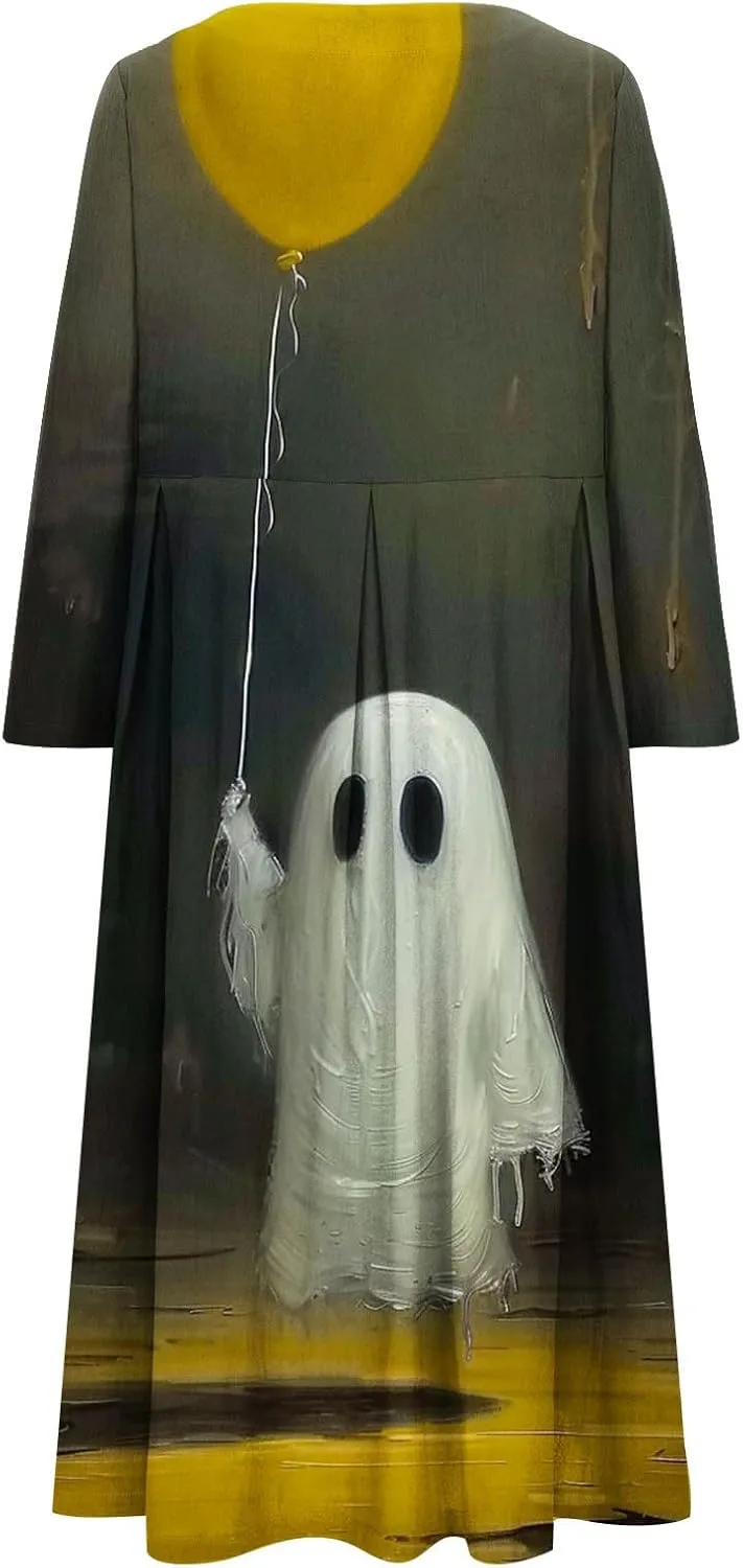 Halloween Shift Dress for Women All Over Print Plus Size Casual T Shirt Dresses Flowy Swing Tunic Dress with Pockets