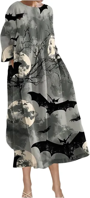Halloween Shift Dress for Women All Over Print Plus Size Casual T Shirt Dresses Flowy Swing Tunic Dress with Pockets