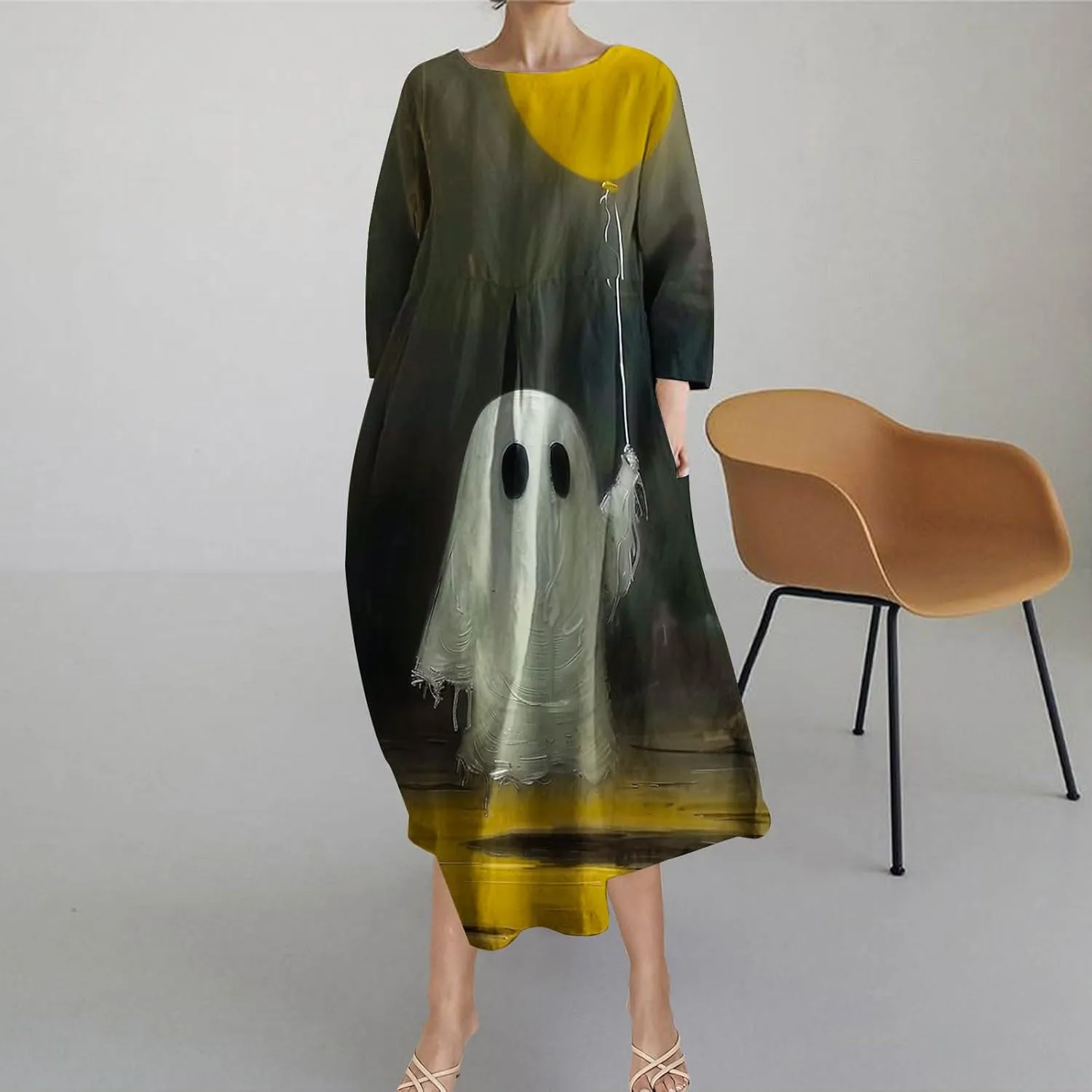 Halloween Shift Dress for Women All Over Print Plus Size Casual T Shirt Dresses Flowy Swing Tunic Dress with Pockets