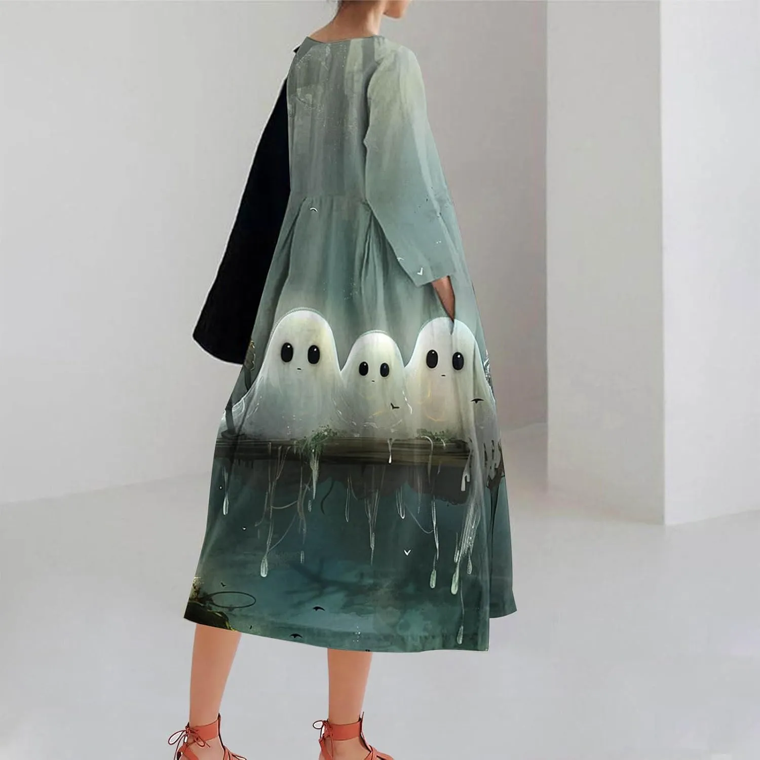 Halloween Shift Dress for Women All Over Print Plus Size Casual T Shirt Dresses Flowy Swing Tunic Dress with Pockets