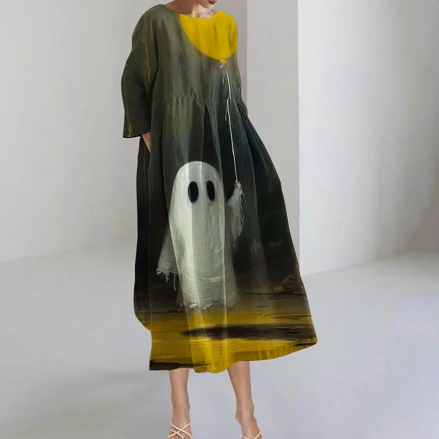 Halloween Shift Dress for Women All Over Print Plus Size Casual T Shirt Dresses Flowy Swing Tunic Dress with Pockets