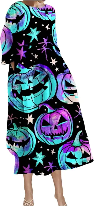 Halloween Shift Dress for Women All Over Print Plus Size Casual T Shirt Dresses Flowy Swing Tunic Dress with Pockets