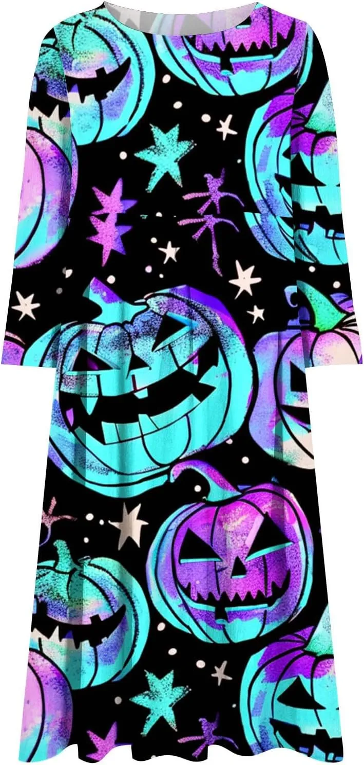 Halloween Shift Dress for Women All Over Print Plus Size Casual T Shirt Dresses Flowy Swing Tunic Dress with Pockets