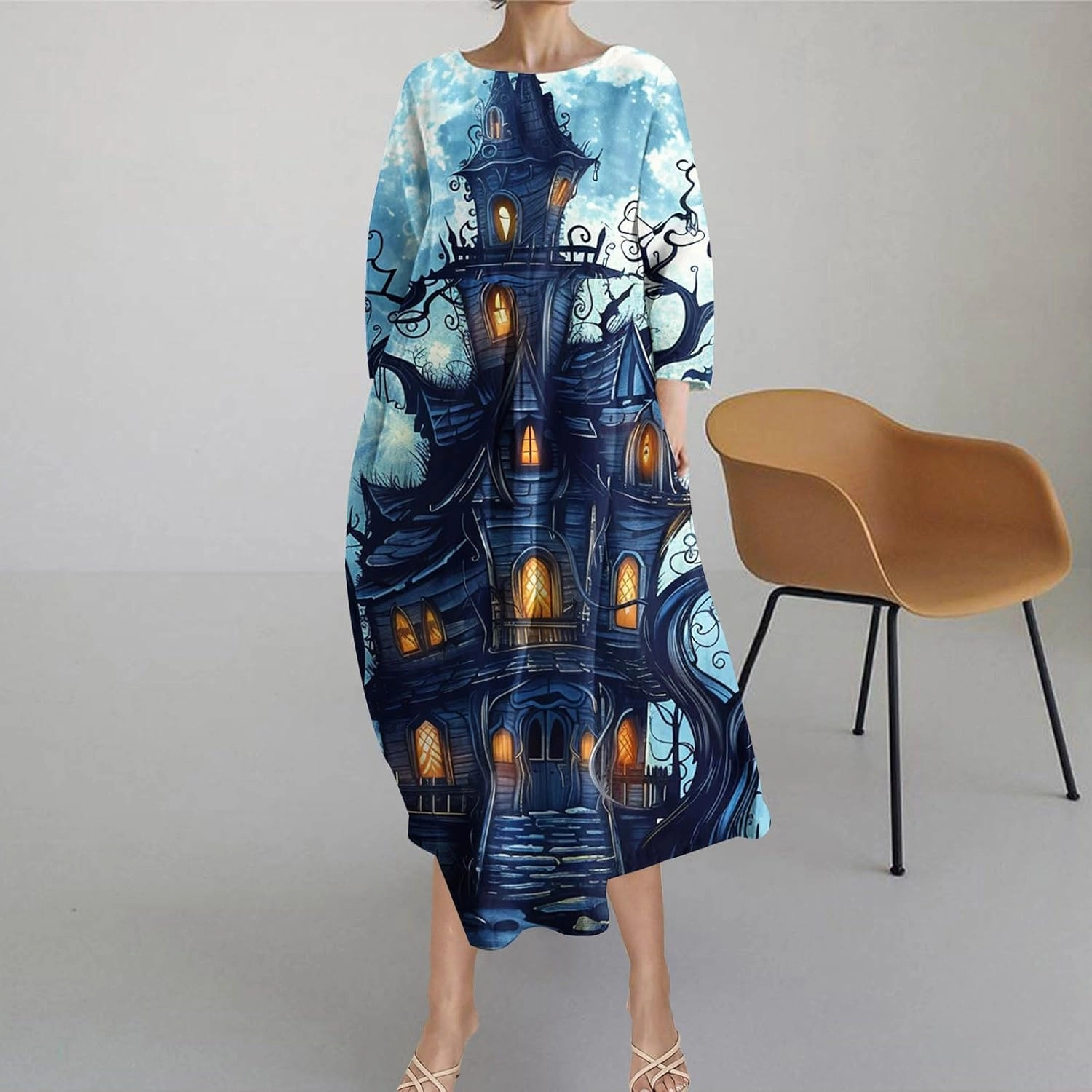 Halloween Shift Dress for Women All Over Print Plus Size Casual T Shirt Dresses Flowy Swing Tunic Dress with Pockets