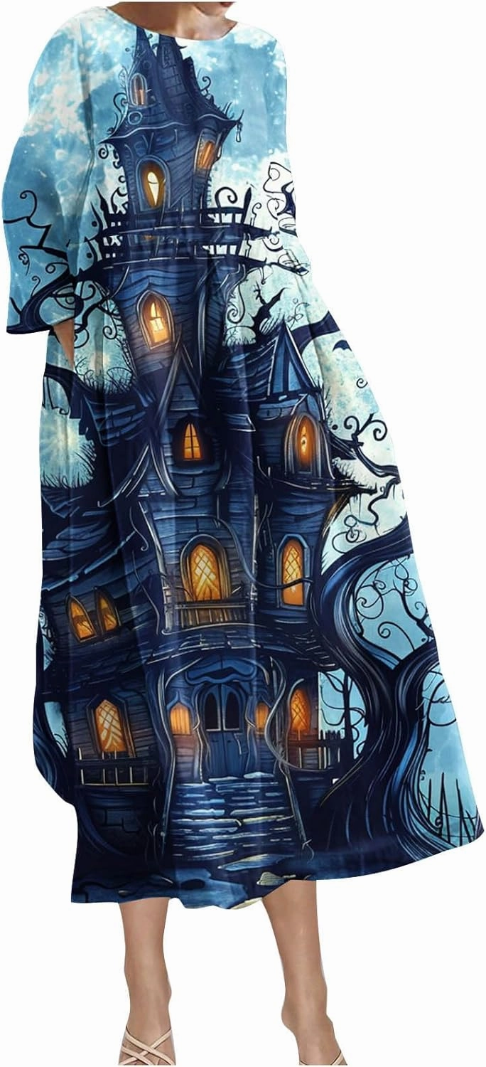 Halloween Shift Dress for Women All Over Print Plus Size Casual T Shirt Dresses Flowy Swing Tunic Dress with Pockets