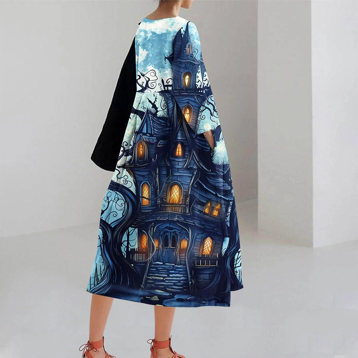 Halloween Shift Dress for Women All Over Print Plus Size Casual T Shirt Dresses Flowy Swing Tunic Dress with Pockets