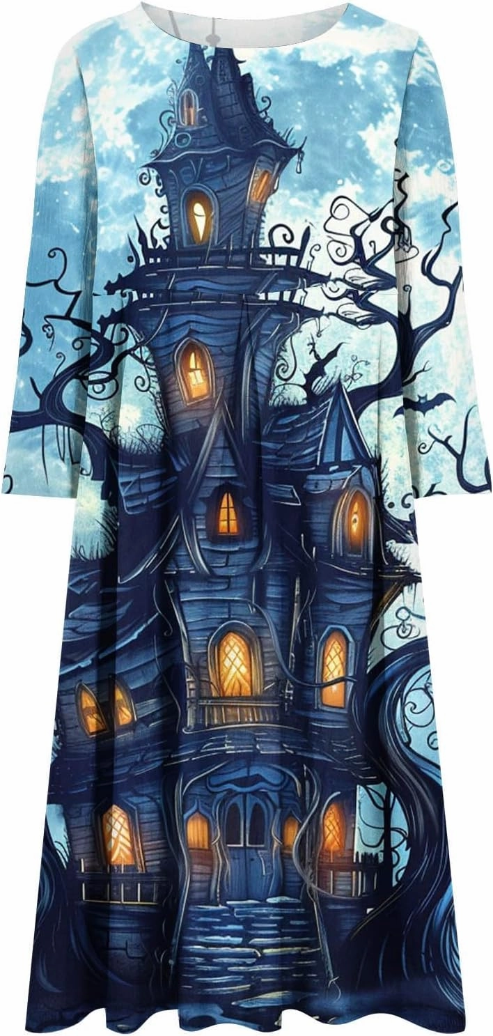 Halloween Shift Dress for Women All Over Print Plus Size Casual T Shirt Dresses Flowy Swing Tunic Dress with Pockets