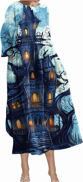 Halloween Shift Dress for Women All Over Print Plus Size Casual T Shirt Dresses Flowy Swing Tunic Dress with Pockets