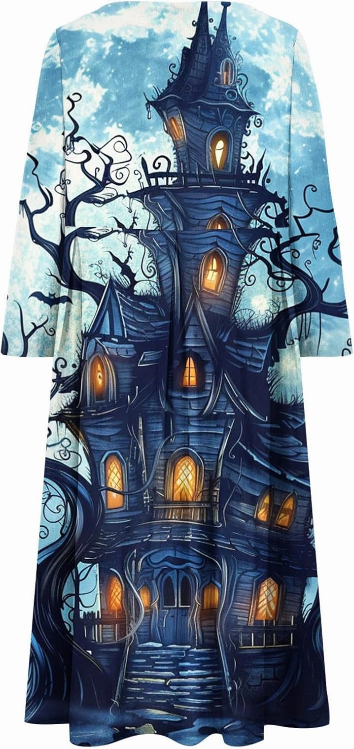 Halloween Shift Dress for Women All Over Print Plus Size Casual T Shirt Dresses Flowy Swing Tunic Dress with Pockets