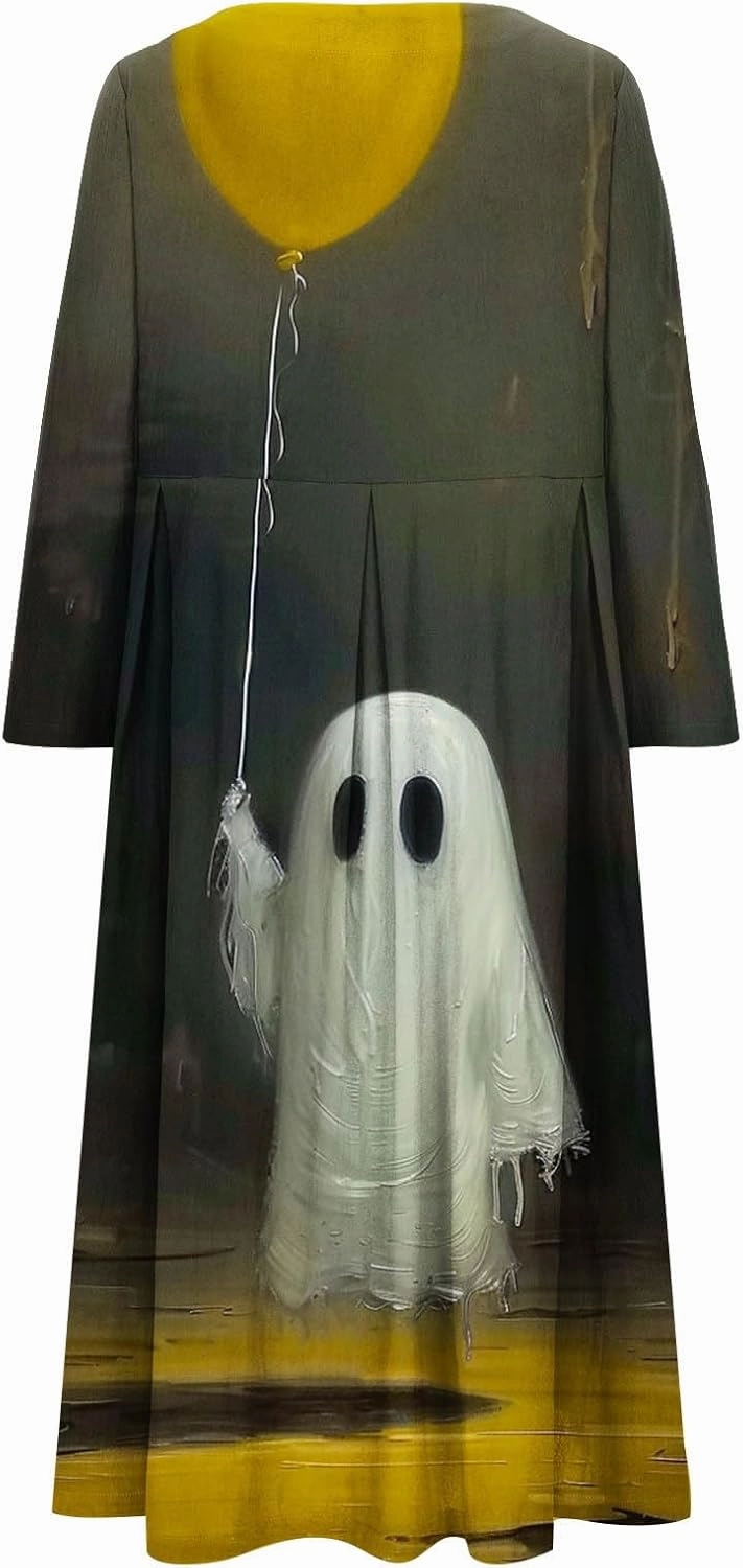 Halloween Shift Dress for Women All Over Print Plus Size Casual T Shirt Dresses Flowy Swing Tunic Dress with Pockets