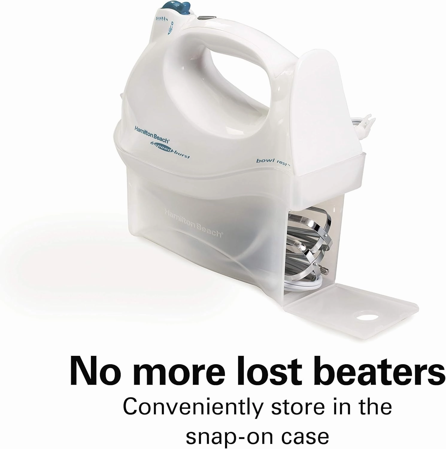 Hamilton Beach Power Deluxe 6-Speed Electric Hand Mixer with Snap-On Storage Case, QuickBurst, Beaters, Whisk, Powerful 250 Watt Motor, Bowl Rest, White (62695V)