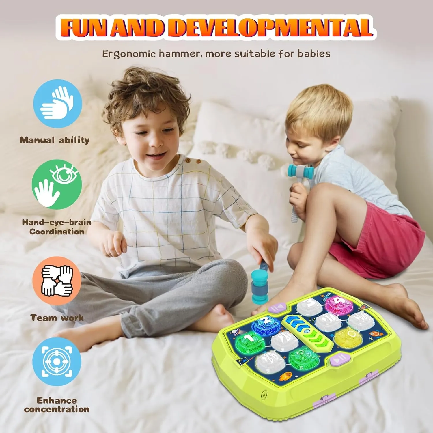 Hammer Mole Game Toy for Toddler, Toys for 3 4 5 6  Year Old Boys/Girls, Interactive Educational Pounding Toys with 2 Hammers, Music & Light, 3 Modes, Birthday Xmas Gifts for Boys Girls Kids Age 3 