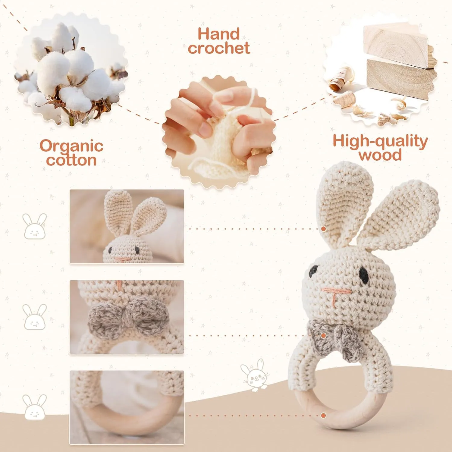 Handmade Crochet Easter Bunny Wooden Baby Rattle Toy for 0-6 Months - Organic Stuffed Animal for Newborn