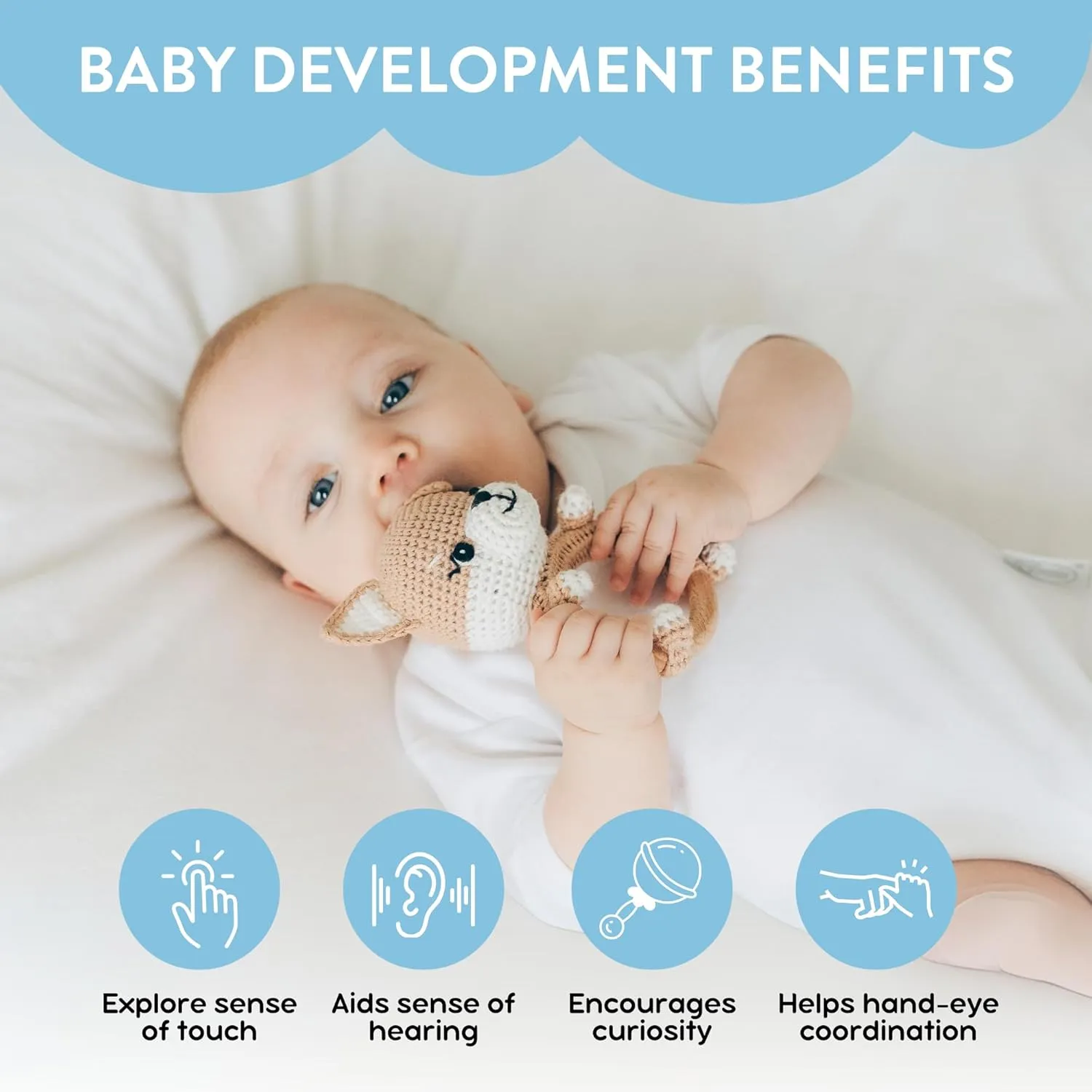 Handmade Wooden Dog Baby Rattle Toys – 100% Natural Wood, Cotton Soft Toy for Teething, Dog Rattle for Baby, Hand-Grips Shaker Rattle - Perfect Baby Shower Gift for Boys & Girls