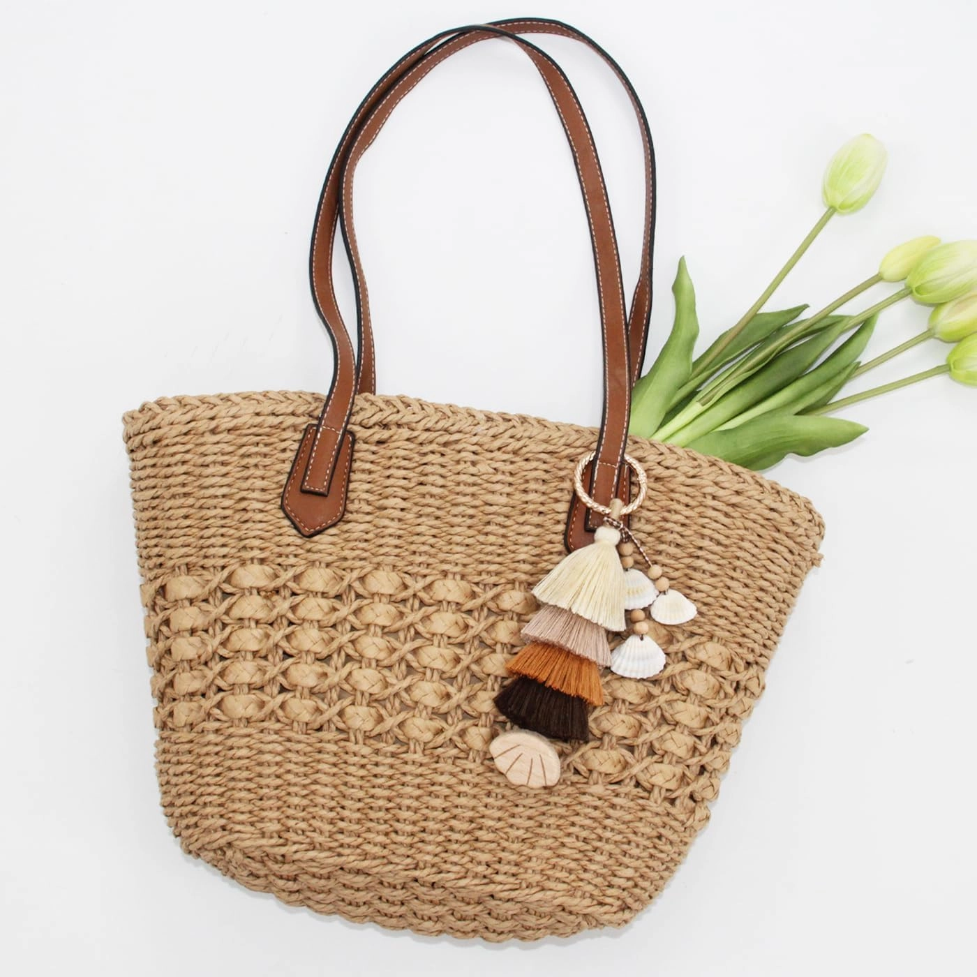 Handmade Tassel Bag Charm Keychain with Wooden Hat Clip for Travel on Bag, Travel Accessories for Women