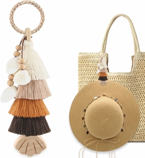 Handmade Tassel Bag Charm Keychain with Wooden Hat Clip for Travel on Bag, Travel Accessories for Women