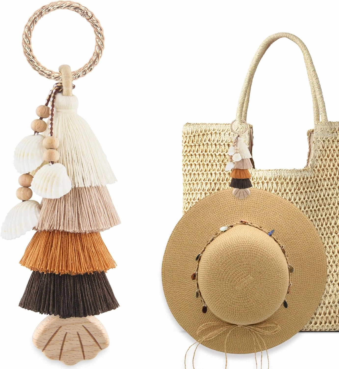 Handmade Tassel Bag Charm Keychain with Wooden Hat Clip for Travel on Bag, Travel Accessories for Women