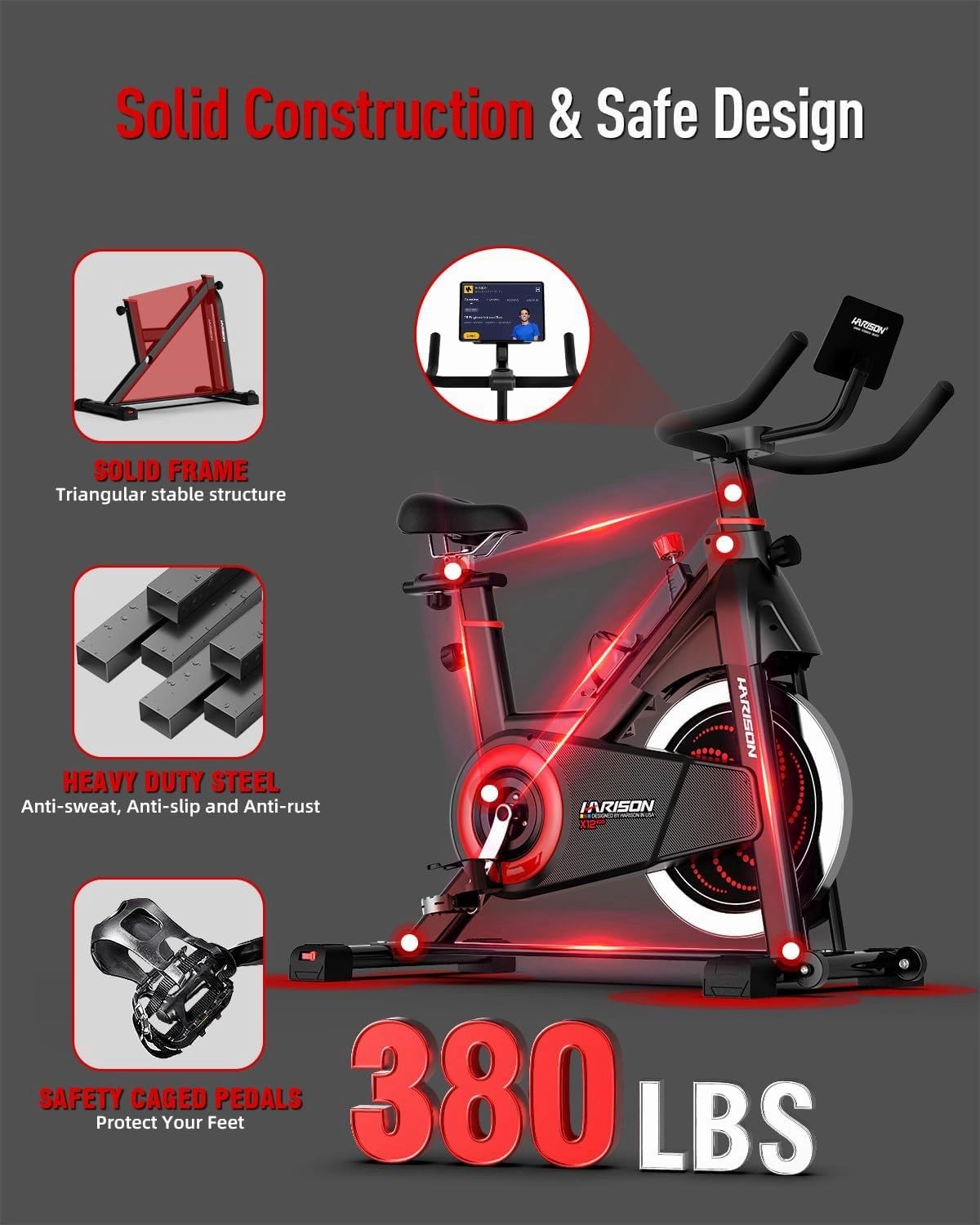 HARISON Exercise Bike, Stationary Bike for Home 350/380 lbs Weight Capacity, Magnetic Workout Bike with Bluetooth App, Brake Pad Indoor Cycling Bike with Tablet Mount & Comfortable Seat Cushion