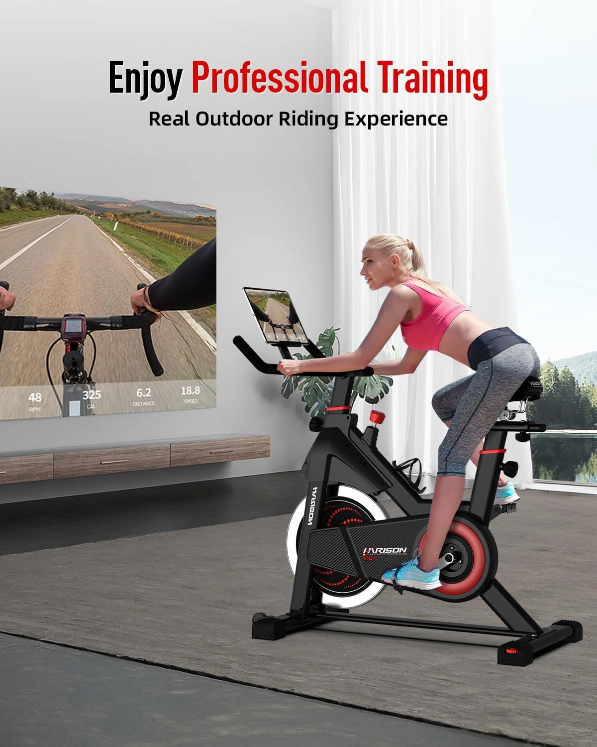 HARISON Exercise Bike, Stationary Bike for Home 350/380 lbs Weight Capacity, Magnetic Workout Bike with Bluetooth App, Brake Pad Indoor Cycling Bike with Tablet Mount & Comfortable Seat Cushion