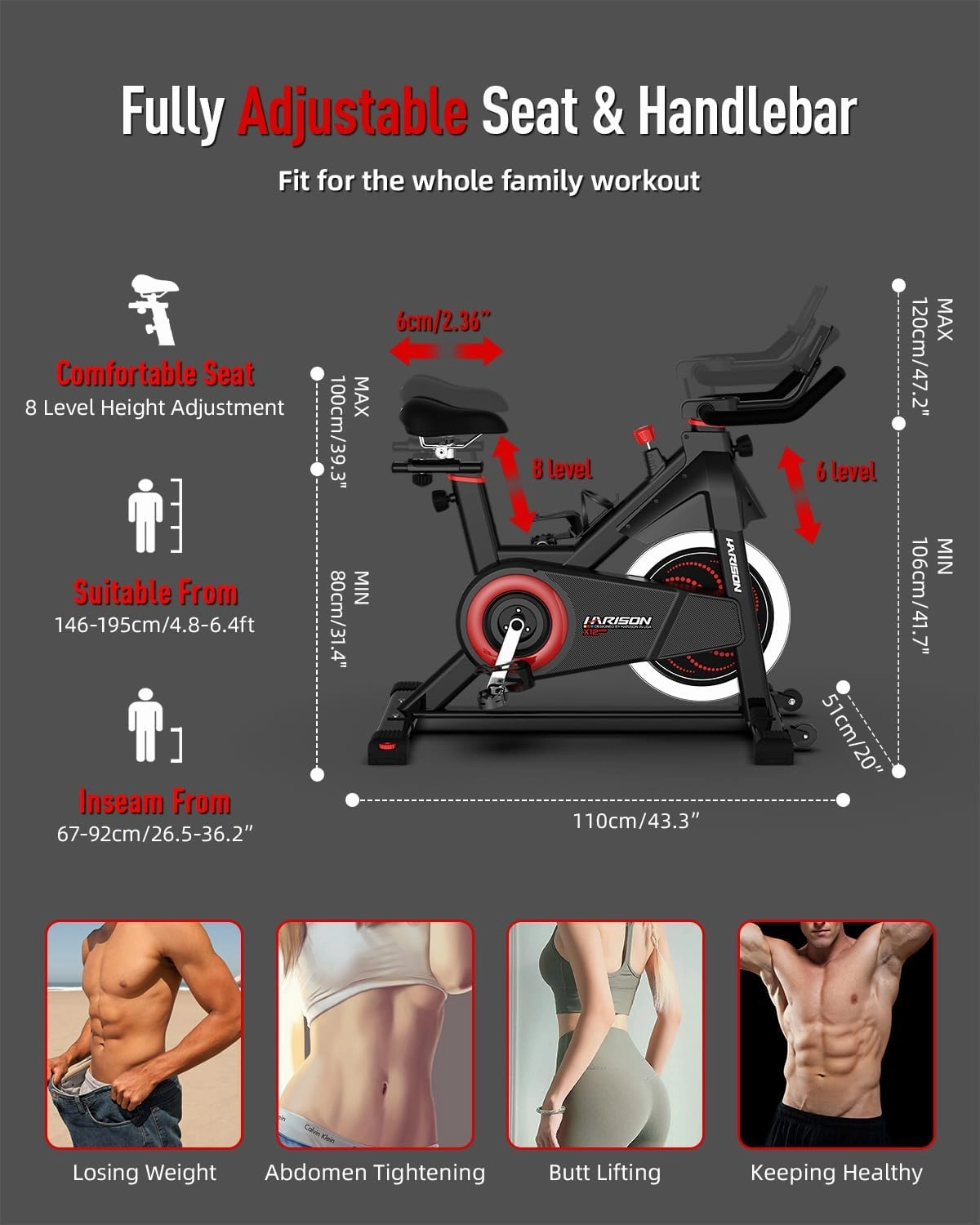 HARISON Exercise Bike, Stationary Bike for Home 350/380 lbs Weight Capacity, Magnetic Workout Bike with Bluetooth App, Brake Pad Indoor Cycling Bike with Tablet Mount & Comfortable Seat Cushion