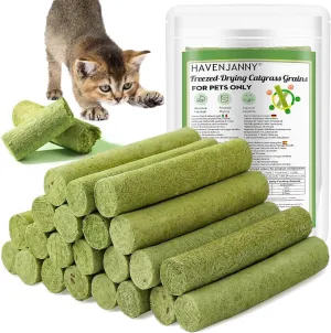 HavenJanny 100g Cat Grass Teething Stick, Freezed Drying Cat Grass Sticks Snacks for Cats, Edible Cat Treats for Teeth Cleaning and Hairball Removal