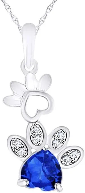 Heart & Round Cut Simulated Birthstone & White Natural Diamond Accent Double Paw Print Pendant Necklace Along With 18" Silver Chain For Women In 14k Gold Plated Sterling Silver