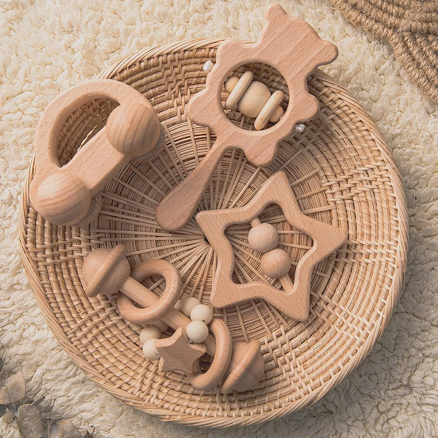 HI BABY MONMENT Wooden Baby Toys Set, Wooden Rattle Set,4PC Handmade Wood Toys,Baby Wooden Toys 36  Months,Montessori Toys with Wood Car Baby Rattles,for Boys and Girls